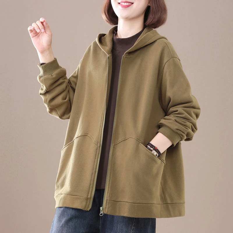 2024春秋新款韩版卫衣大码宽松遮肉纯色连帽简约女士休闲外套女