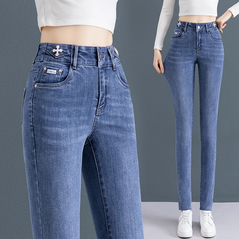 彤丽卉正品高腰牛仔铅笔裤春秋显瘦弹力紧身小个子小脚裤女九分裤