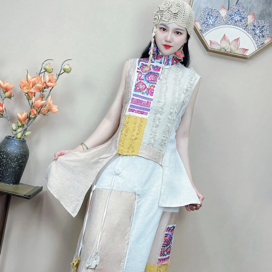 明星同款民族风复古立领盘扣棉麻上衣无袖不规则刺绣两件套裙子