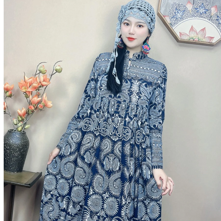 民族风印花大摆连衣裙长裙文艺碎花复古立领裙子
