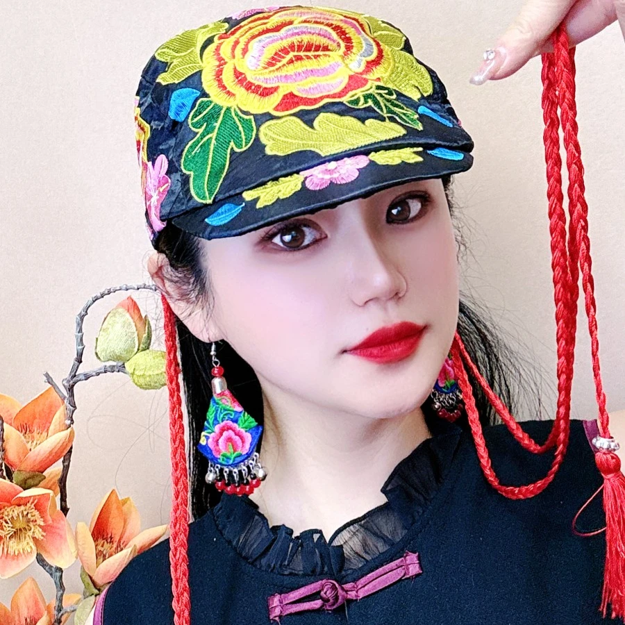 民族风绣花夏季休闲防晒遮阳帽绸缎刺绣重工脏辫帽鸭舌帽包头帽