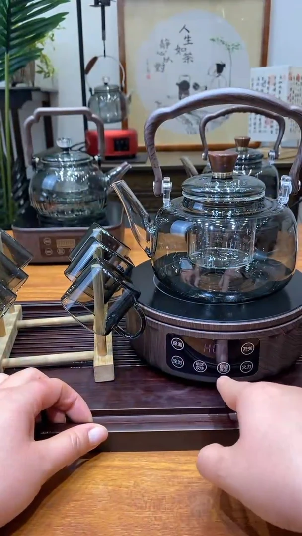 【闪购商品】玻璃套装F18木纹+拱梁黑壶+杯子杯架