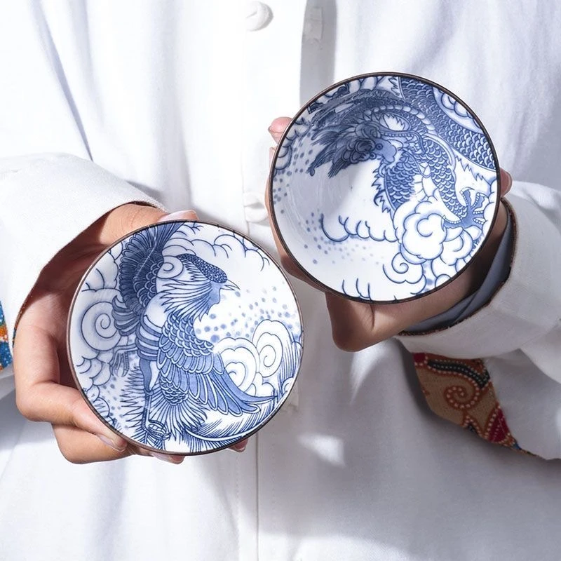 【龙凤一对装】青花斗笠杯茶杯陶瓷杯家用功夫茶杯主人杯杯架茶具