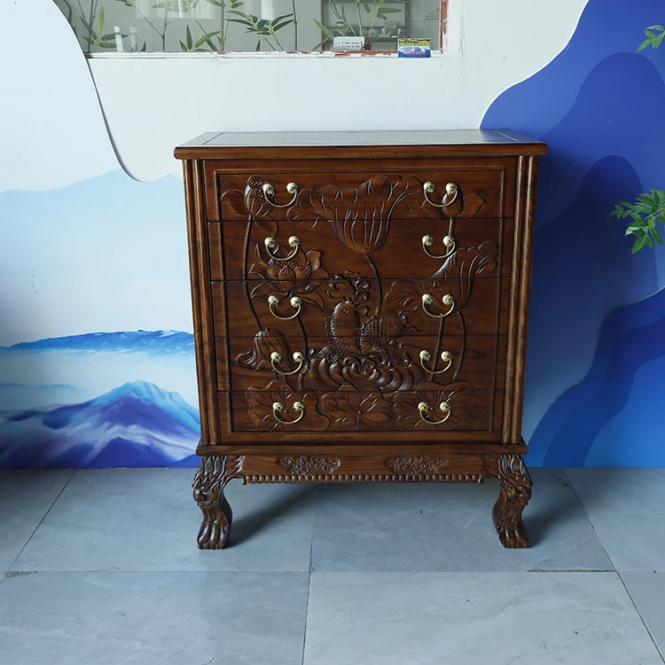 实木老榆木五斗柜中式雕花古典欧式五屉柜斗橱客厅大容量储物柜