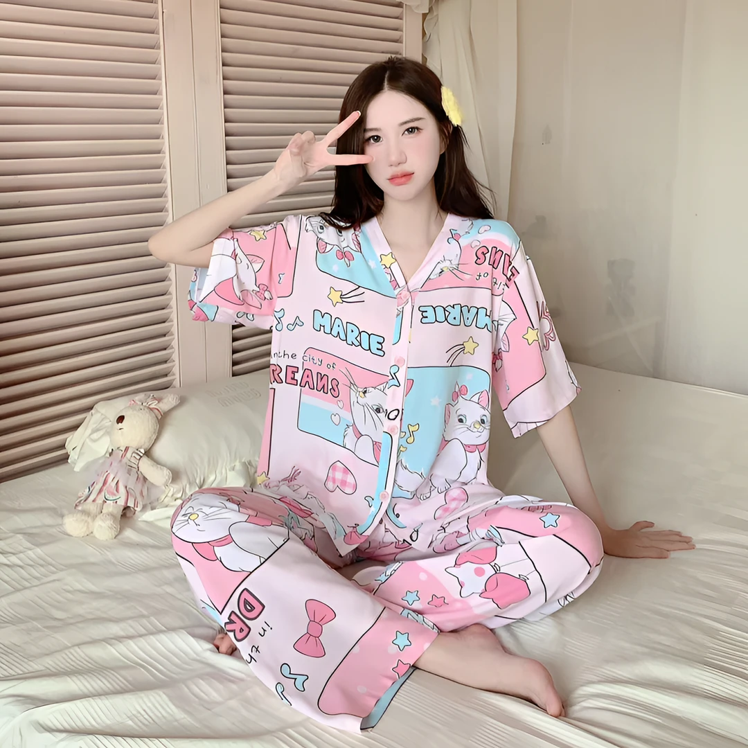 【玛丽猫】2024年新款休闲卡通可爱甜美ins韩版宽松绵绸睡衣女套装