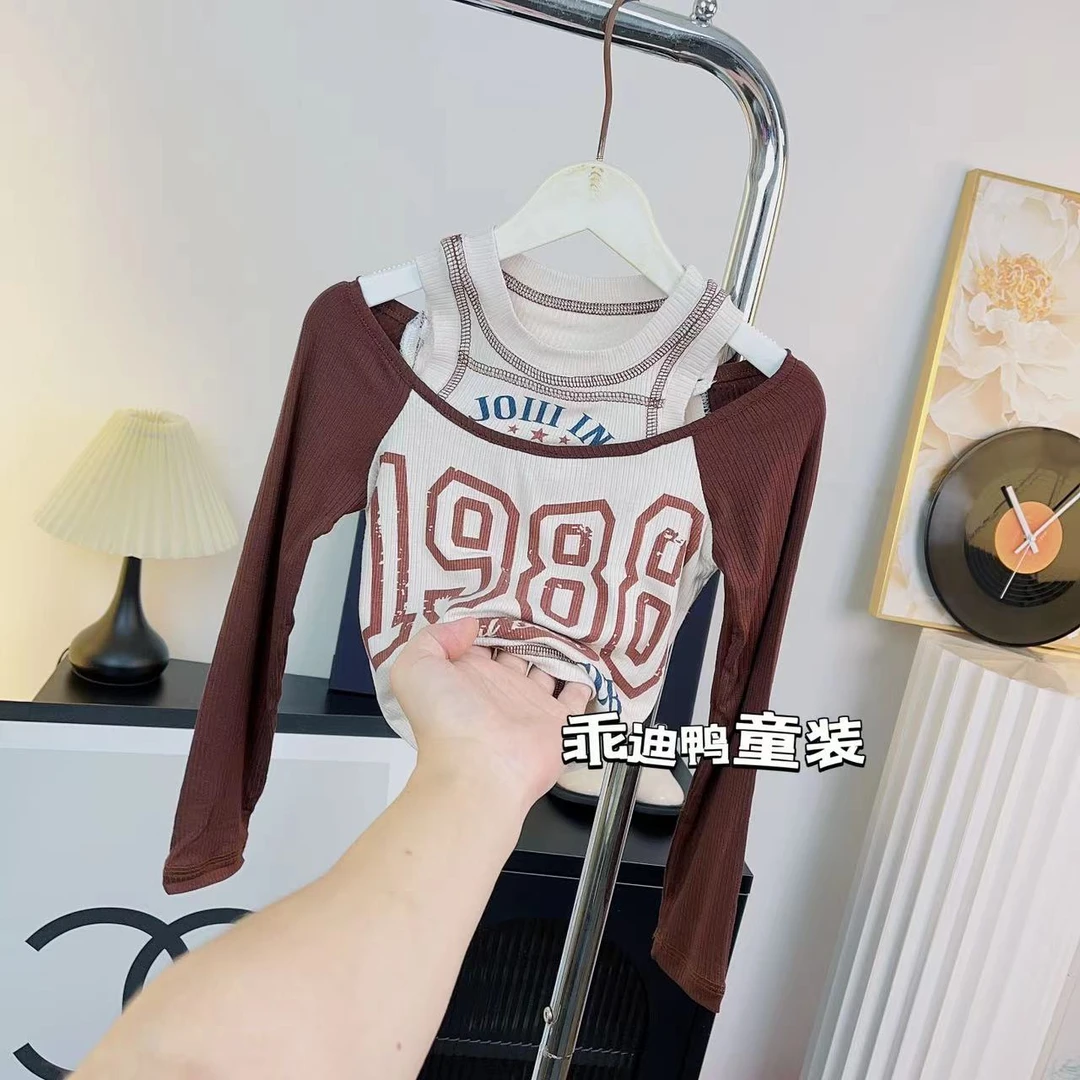 女童春秋款打底衫中小童洋气露肩T恤上衣2024新款长袖百搭韩版