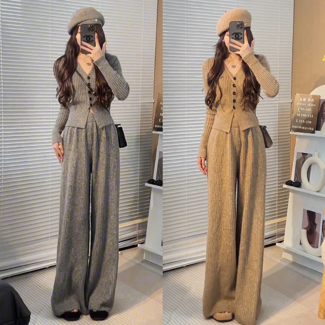 2024年新款显瘦气质高腰休闲时尚收腰秋冬季套装毛衣针织上衣两件