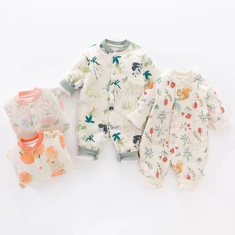 新生儿纯棉连体衣60克薄棉无骨新生儿连体衣宝宝秋冬保暖睡衣长爬