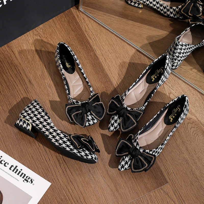 小香风尖头方头粗跟低跟单鞋法式蝴蝶结千鸟格女百搭优雅瓢鞋女鞋