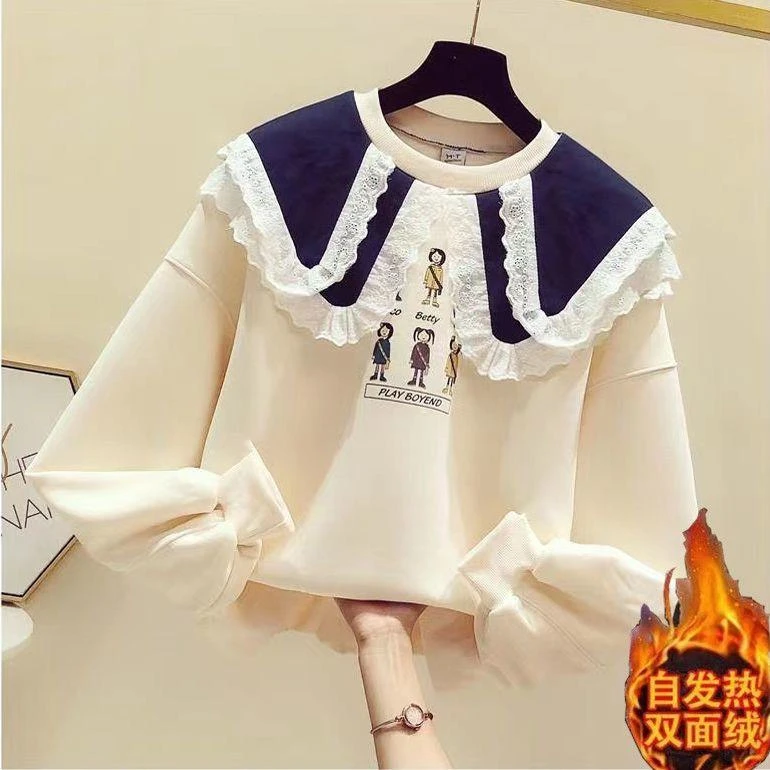 阿阿童装洋气卫衣秋冬款德绒韩版中大童长袖上衣女孩加厚蕾丝