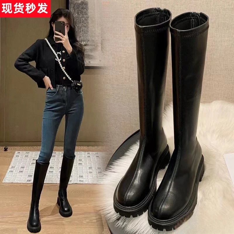 红蜻蜓牌长靴女不过膝2023新款秋冬季高筒骑士靴厚底显瘦长筒靴子