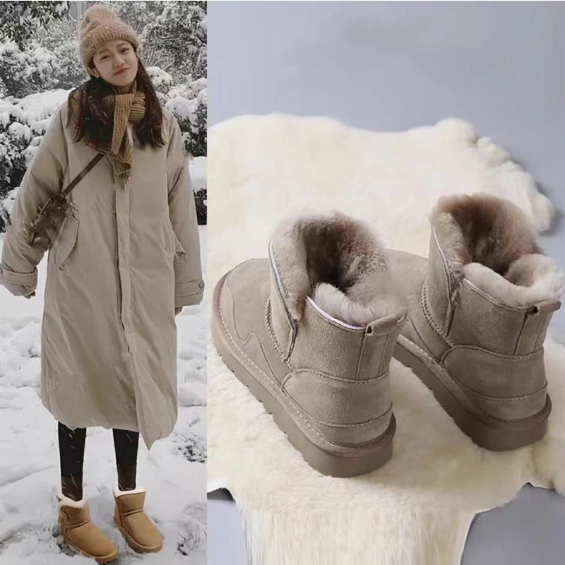 红蜻蜓牌雪地靴女2023冬季新款皮毛一体加绒加厚短筒靴子保暖棉鞋