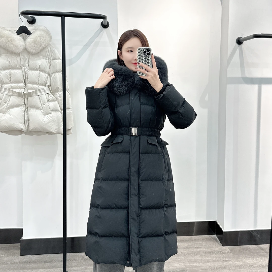 【RORO】2024冬季新款中长款女士收腰大毛领时尚保暖羽绒服