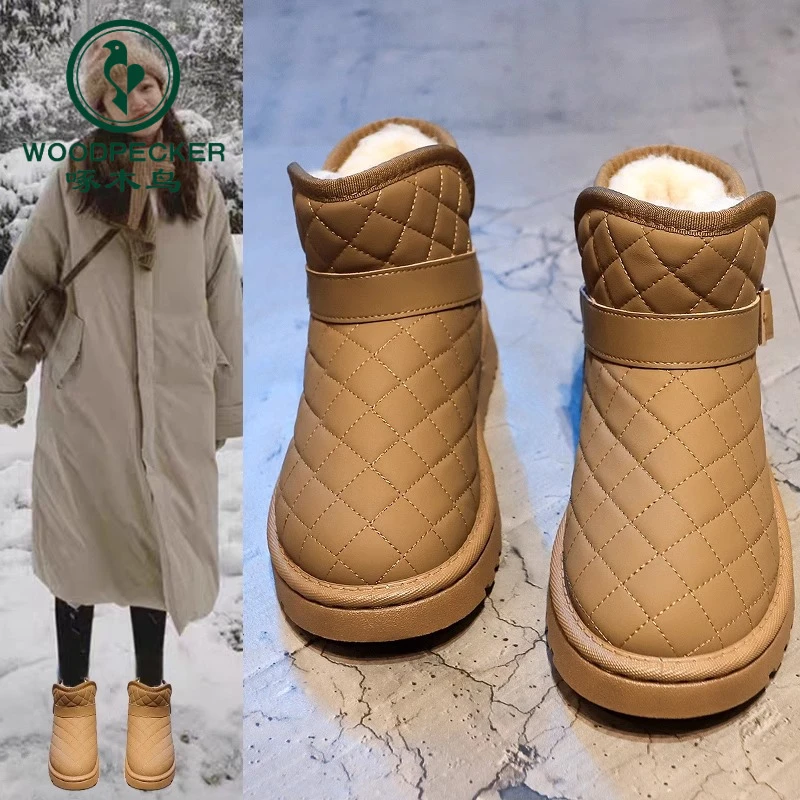 啄木鸟雪地靴女2025年冬季新款皮毛一体短靴加绒加厚保暖雪地棉鞋