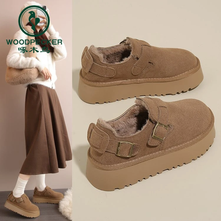 啄木鸟厚底勃肯鞋女冬季加绒豆豆鞋2024年新款一脚蹬毛毛雪地棉鞋