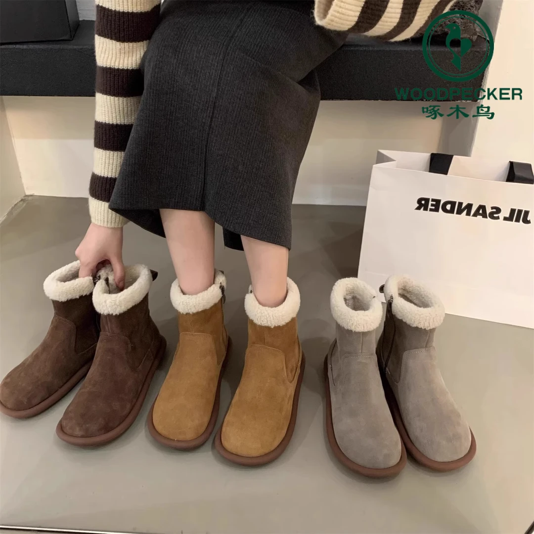 啄木鸟雪地靴女冬季2025年新款复古加绒棉鞋子平底丑萌毛毛短靴女
