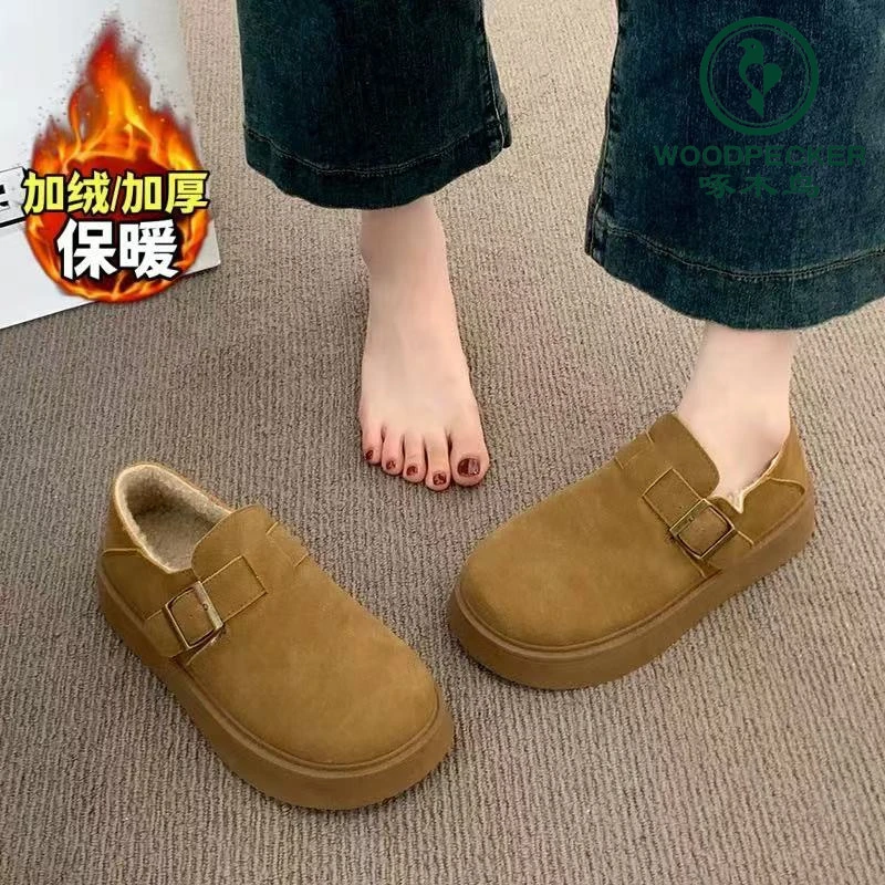 啄木鸟加绒厚底勃肯鞋女2024新款冬季一脚蹬百搭保暖博肯雪地靴女