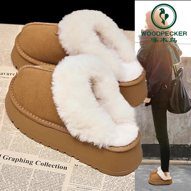 啄木鸟毛毛半拖鞋女外穿2024新款冬加绒加厚雪地靴厚底包头棉拖鞋