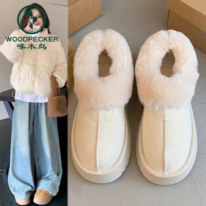 啄木鸟厚底皮毛一体保暖雪地靴女鞋2025新款秋冬季加绒加厚毛毛鞋