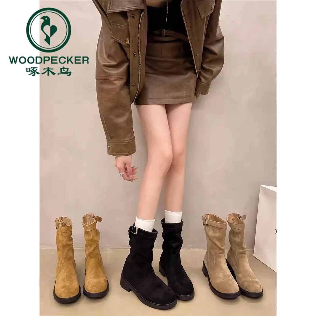 啄木鸟平底短靴女2024年新款秋冬超火堆堆靴套筒爆款中筒靴子粗跟