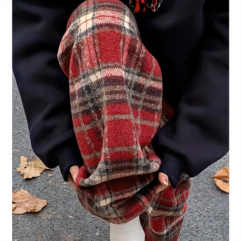 红色加绒格子裤女秋冬季棉裤高腰垂感休闲窄版拖地毛呢直筒阔腿裤