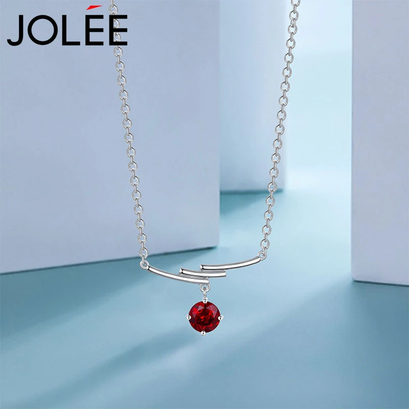 Jolee项链女韩版石榴石项坠彩宝饰品银锁骨链 送女生节日红色礼物