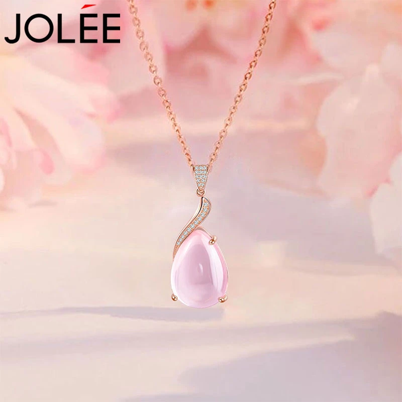 Jolee项链 S925银粉水晶芙蓉石吊坠彩宝项坠时尚锁骨链送女士礼物