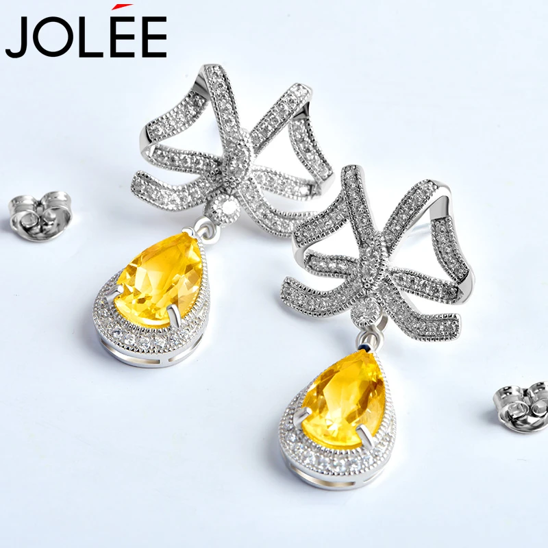 Jolee黄水晶S925银耳钉时尚蝴蝶结耳坠饰品送女生节日礼物