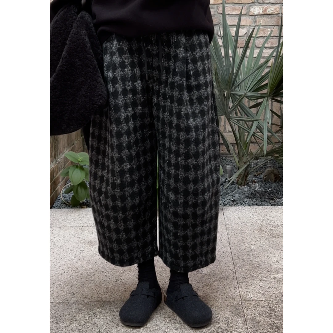 【自在】复古拼皮千鸟格休闲宽松哈伦裤格子气球裤