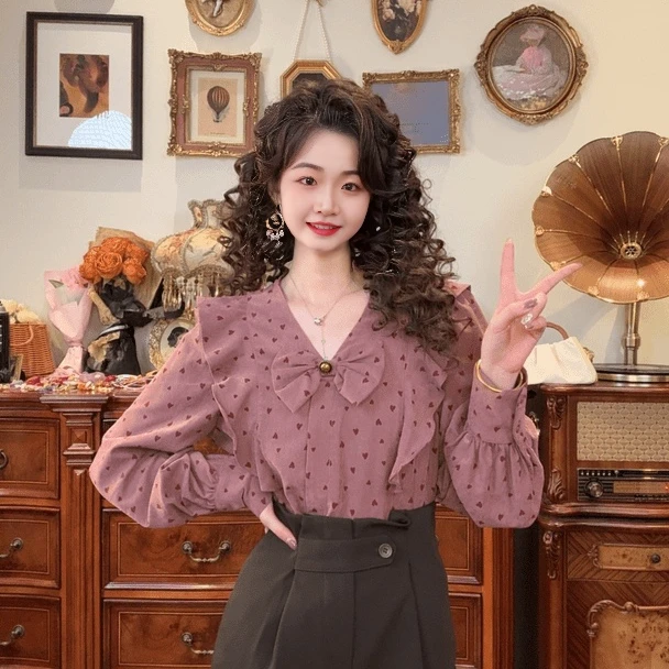 【酒渍葡萄】复古爱心印花甜美系带百搭衬衫显瘦气质长袖洋气上衣