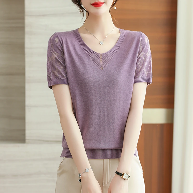 气质短袖衫夏装中年妈妈V领冰丝针织衫镂空温柔知性时尚夏季宽松
