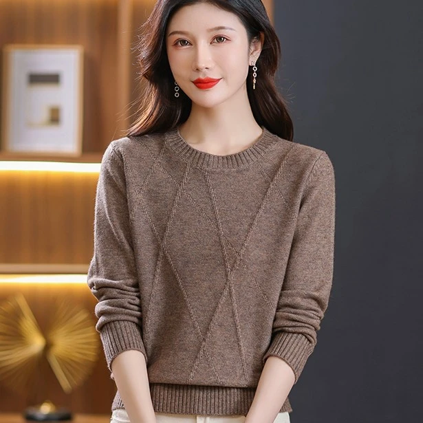长袖针织衫圆领百搭毛衫韩版秋冬中老年女装女士圆领显瘦遮肉时尚