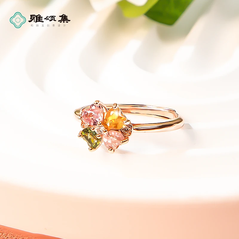 雅颂集S925镶嵌彩虹碧玺可调节戒指女款气质颜色微差多样性发货