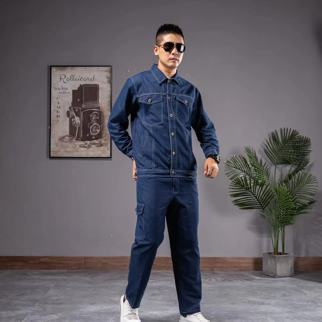 夏季牛仔大码工作服套装男装定制多口袋耐磨防烫电焊工建筑工地