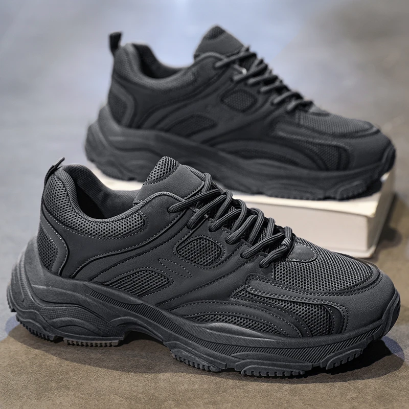 纯黑色男鞋夏季男士新款网面透气运动休闲鞋上班劳保学生老爹潮鞋