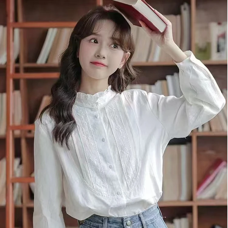 6130文艺甜美立领白色长袖衬衫女装秋季新款小个子木耳边百搭上衣