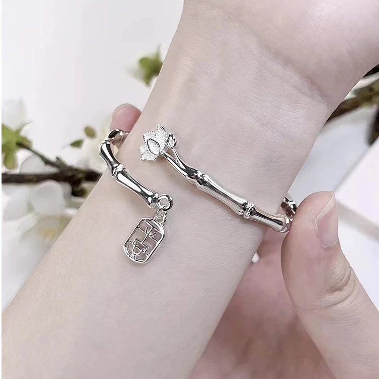 足银手镯 竹报平安 JZ-07足银999莲花竹节 实心银镯节节高升