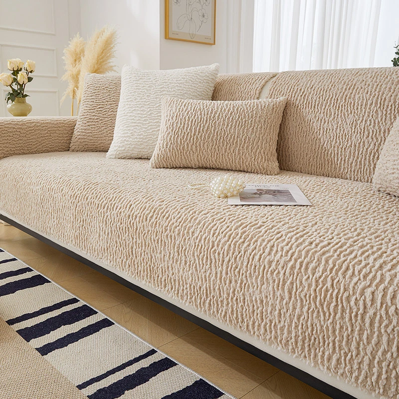 毛绒沙发垫2023年新款高档秋冬防滑奶油风羊羔绒咖色沙发套罩盖布