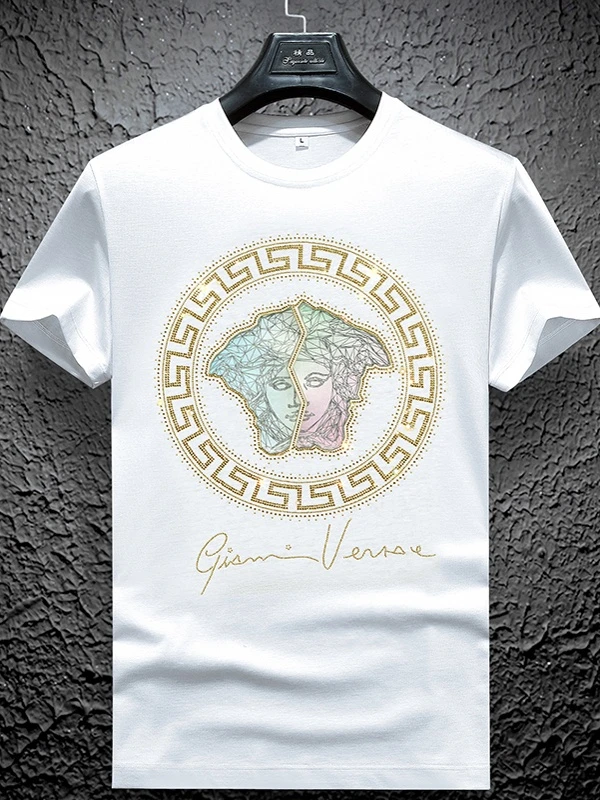 美杜沙范思VERSAC男士夏季轻奢冰丝圆领短袖T恤烫钻时尚潮牌大码