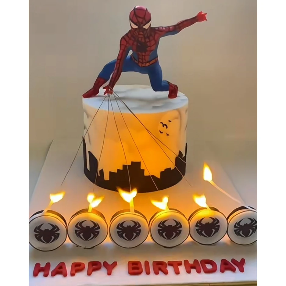 网红燃烧蜘蛛侠生日蛋糕装饰用品创意派对氛围感魔术纸火焰绳蜡烛