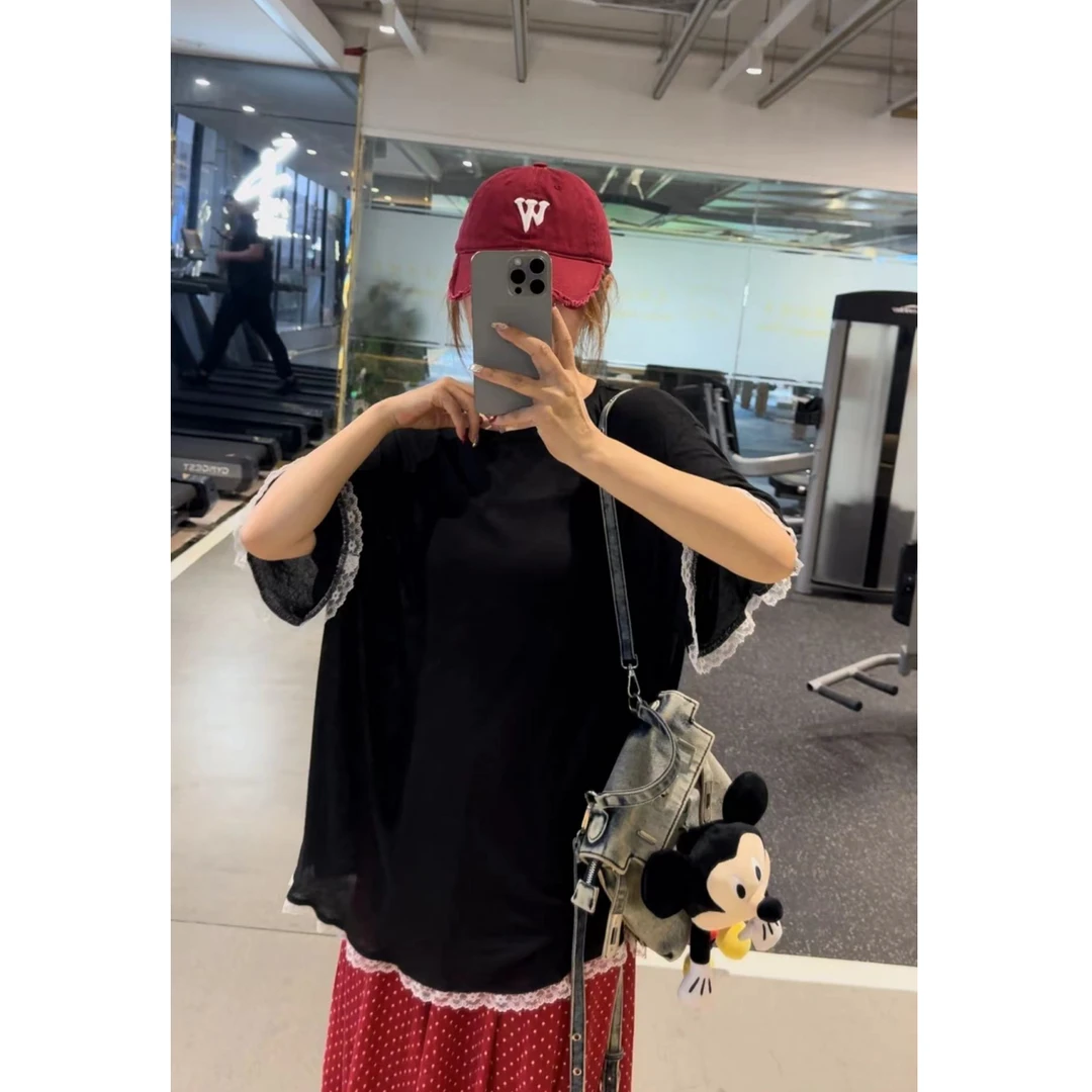 5610韩风小众风格女装宽松款蕾丝边百搭休闲纯色圆领T恤