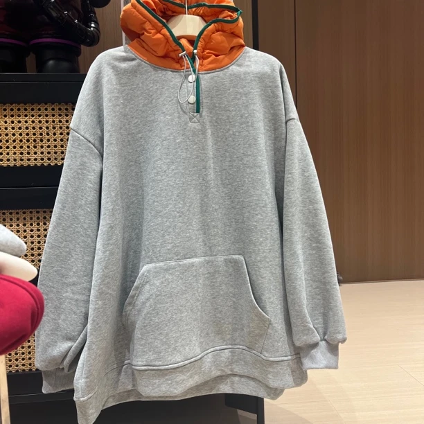 韩风小众风格加绒帽子撞色大帽衫卫衣绒衫