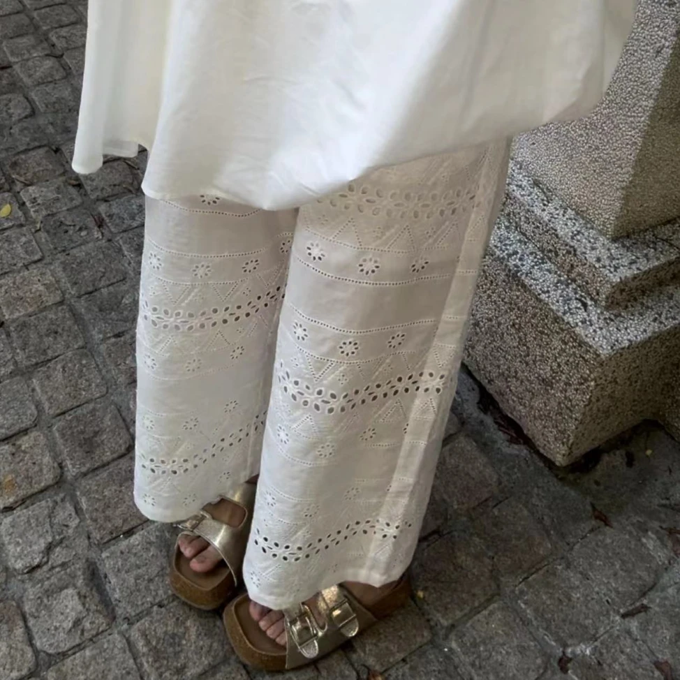 5598夏季薄款蕾丝镂空花纹高级感休闲高腰显瘦阔腿裤