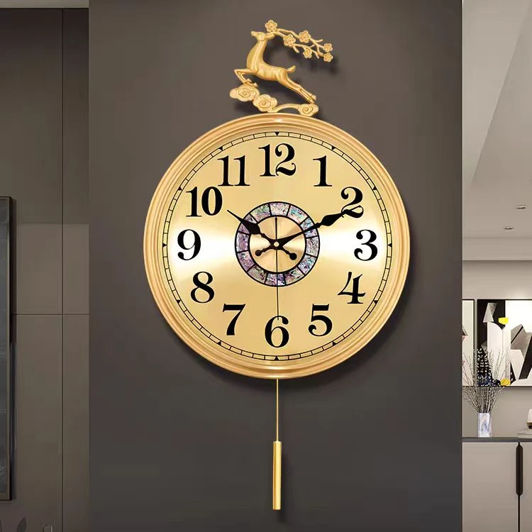 新中式黄铜高档挂钟客厅家用时尚福鹿轻奢风挂墙时钟表静音石英钟
