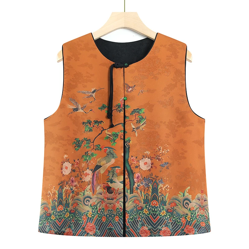 中老年人圆领印花上衣双面穿妈妈装无袖马甲女款宽松休闲舒适衣服