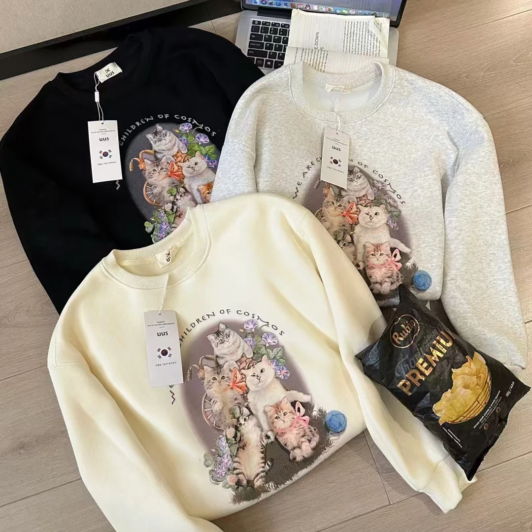 DD秋冬加绒露思款可爱小猫卫衣韩版圆领宽松成人女装