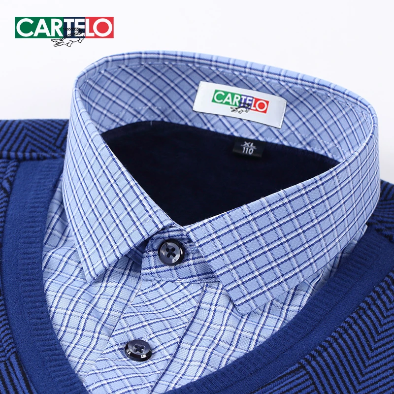 卡帝乐鳄鱼男士秋冬新款加绒加厚保暖毛衣假两件针织衫衬衫领上衣