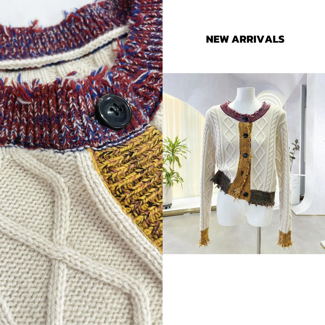 【24新款】秋款法式撞色做旧流苏圆领开衫针织外套 G900