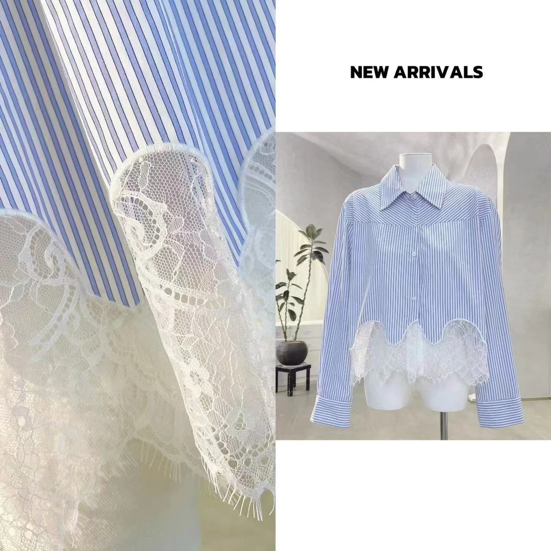 【25新款】蕾丝边蓝白条纹衬衫 G907