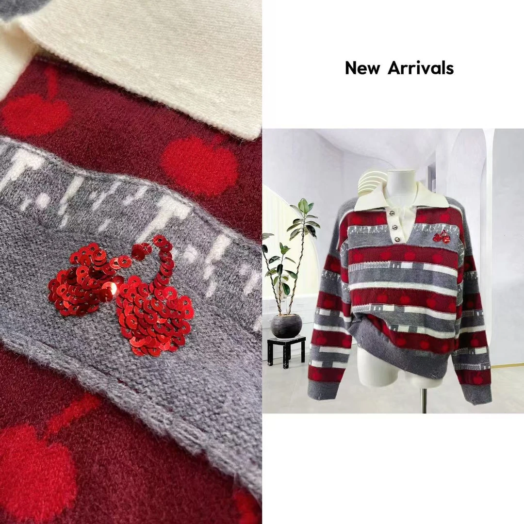 【新年系列】新品时尚Polo领小樱桃格纹毛衣针织衫  G1223